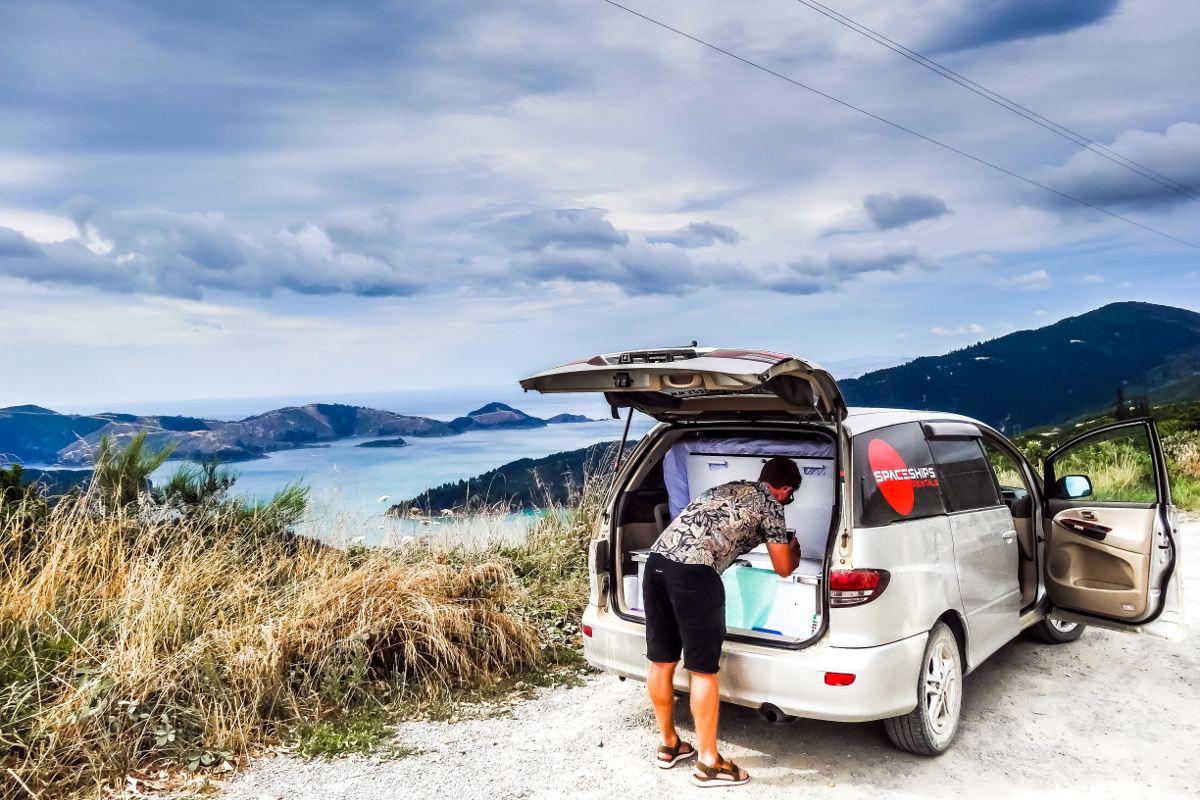 All Spaceships campervans come with all cooking & sleeping gear included NZ campervan storage area